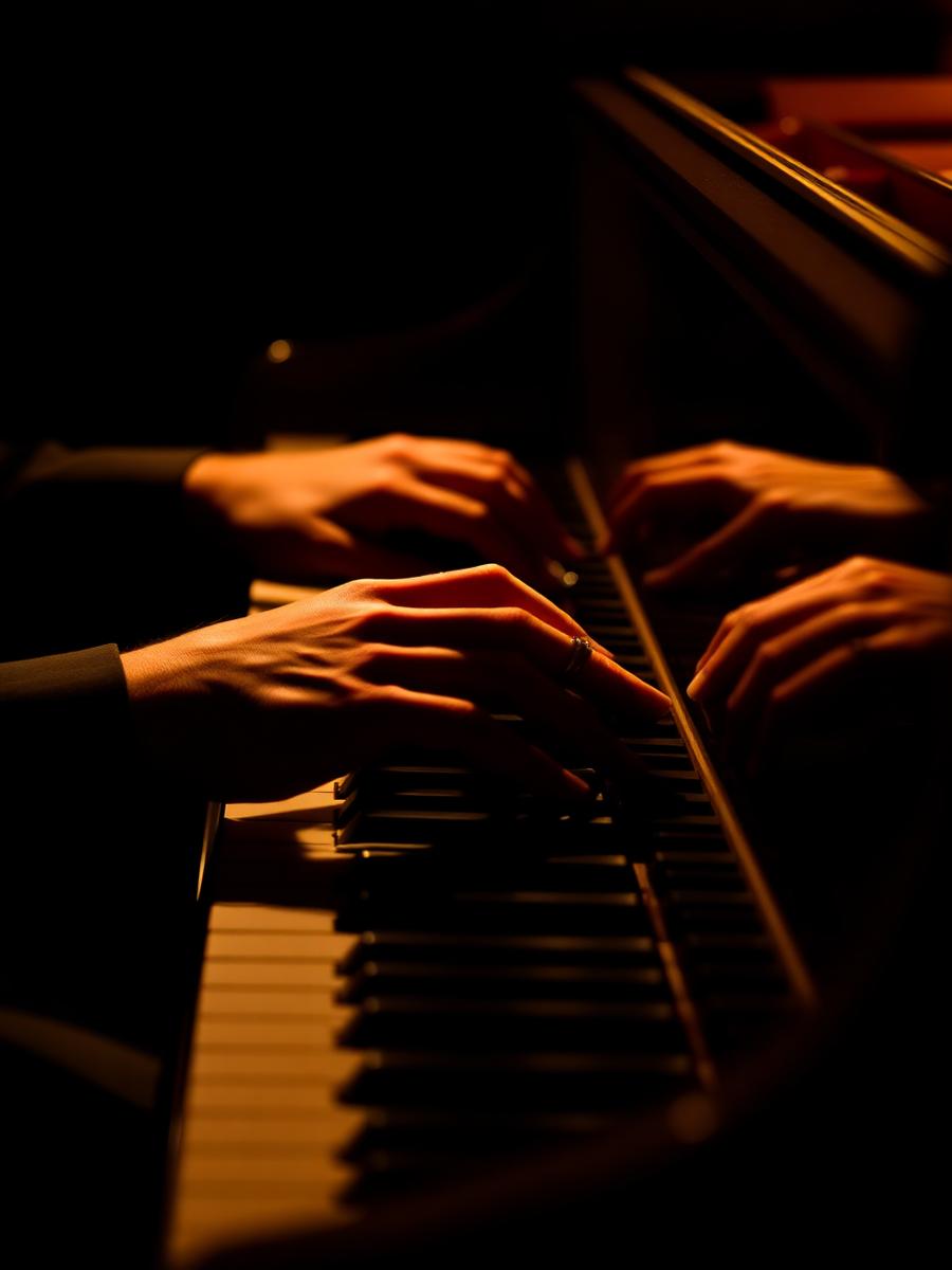 Mains de pianiste sous lumière dramatique